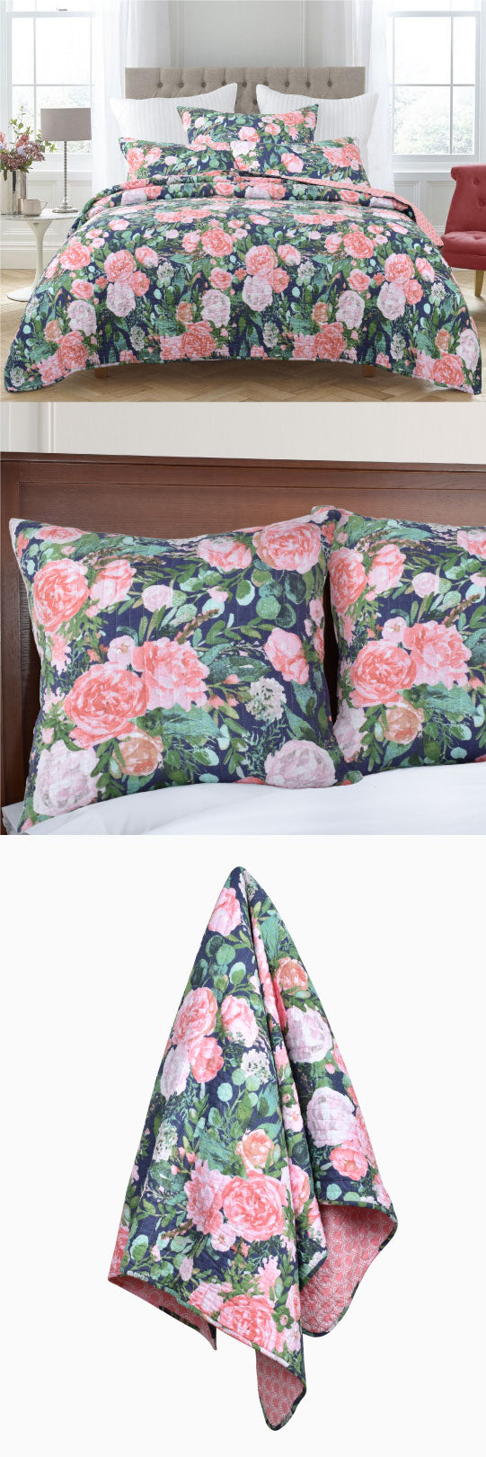Greenland Home Fashions Antique Rose 100% Cotton Reversible Quilt Set 3 Piece King Blue