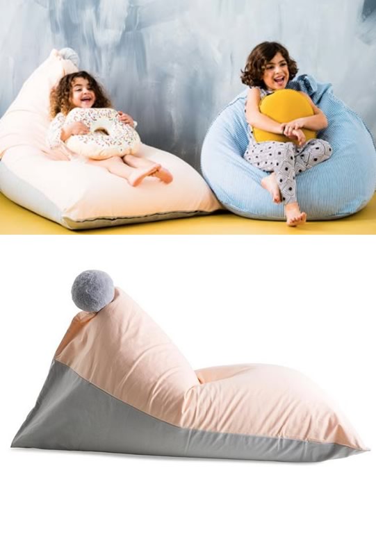 Grey Peach Pom Pom Elongated Bean Bag KIDS by Sack Me Cottonbox
